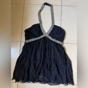 Express Women’s Sz 10 Black Beaded Silk Babydoll Flowy Halter Lined Top